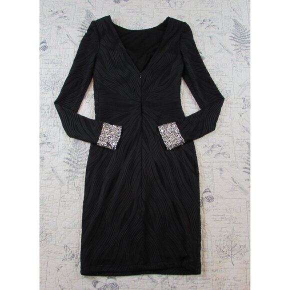 EUC $595 Jovani Black Textured Long Slv fitted sheath Midi Dress beaded cuff 4 - Picture 10 of 14